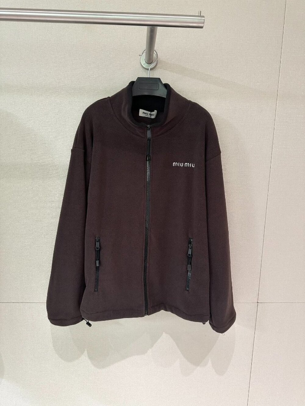 Miu Miu Brown Fleece Zip Up Jacket Embroidered Logo Oversized Stand Collar S